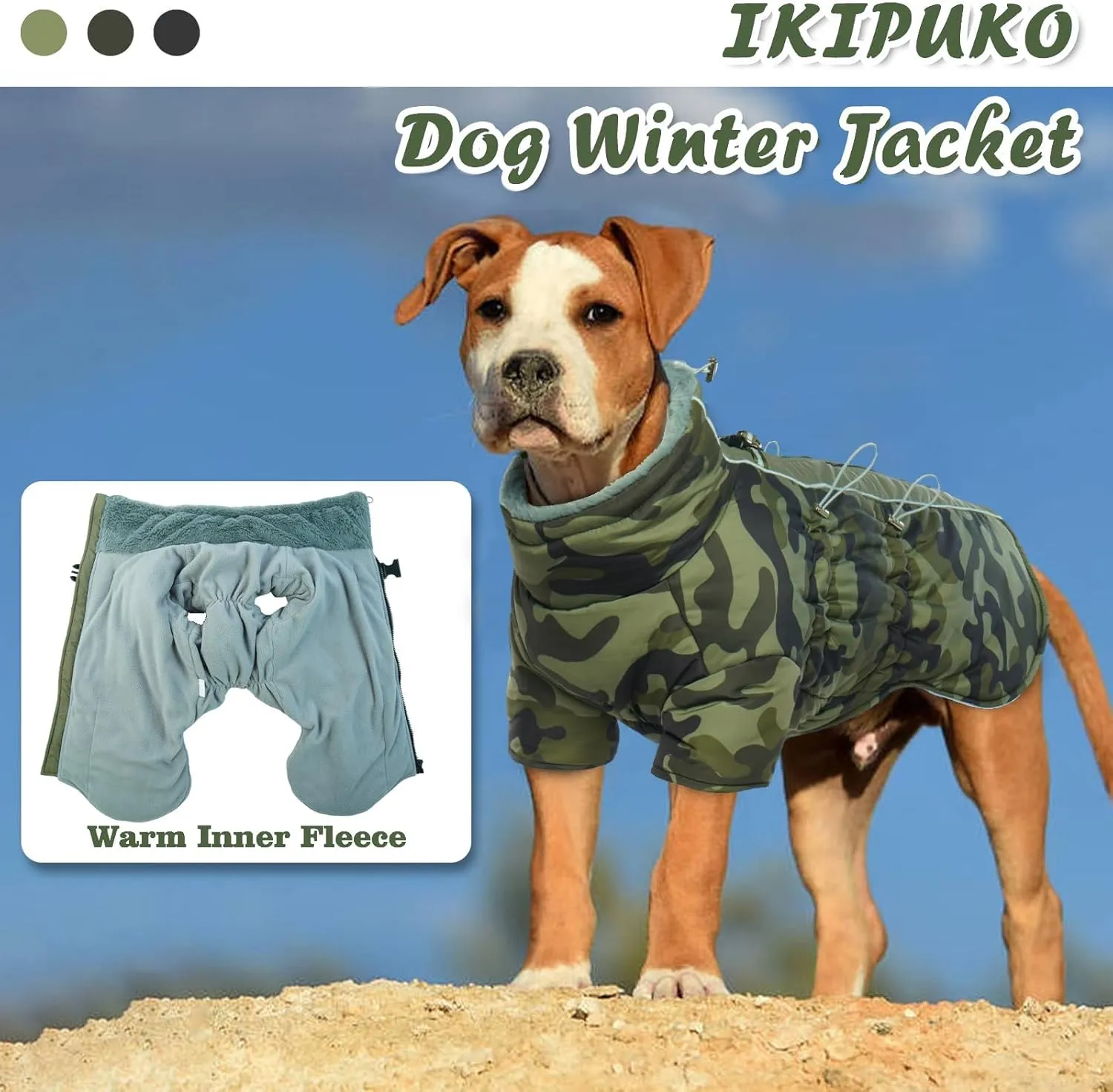 Dog Jacket, Dog Coats for Medium Dogs Winter Waterproof, Fleece Lining Reflective Warm Dog Clothes, Zip Up Dog Coat with Harness, High Collar Dog Snowsuit Christmas Clothes(ArmyGreen M)