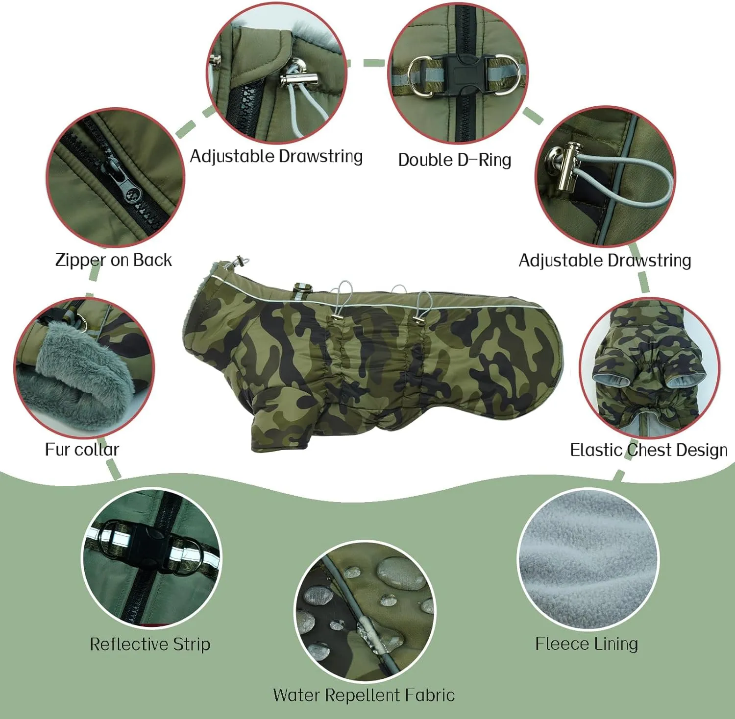 Dog Jacket, Dog Coats for Medium Dogs Winter Waterproof, Fleece Lining Reflective Warm Dog Clothes, Zip Up Dog Coat with Harness, High Collar Dog Snowsuit Christmas Clothes(ArmyGreen M)
