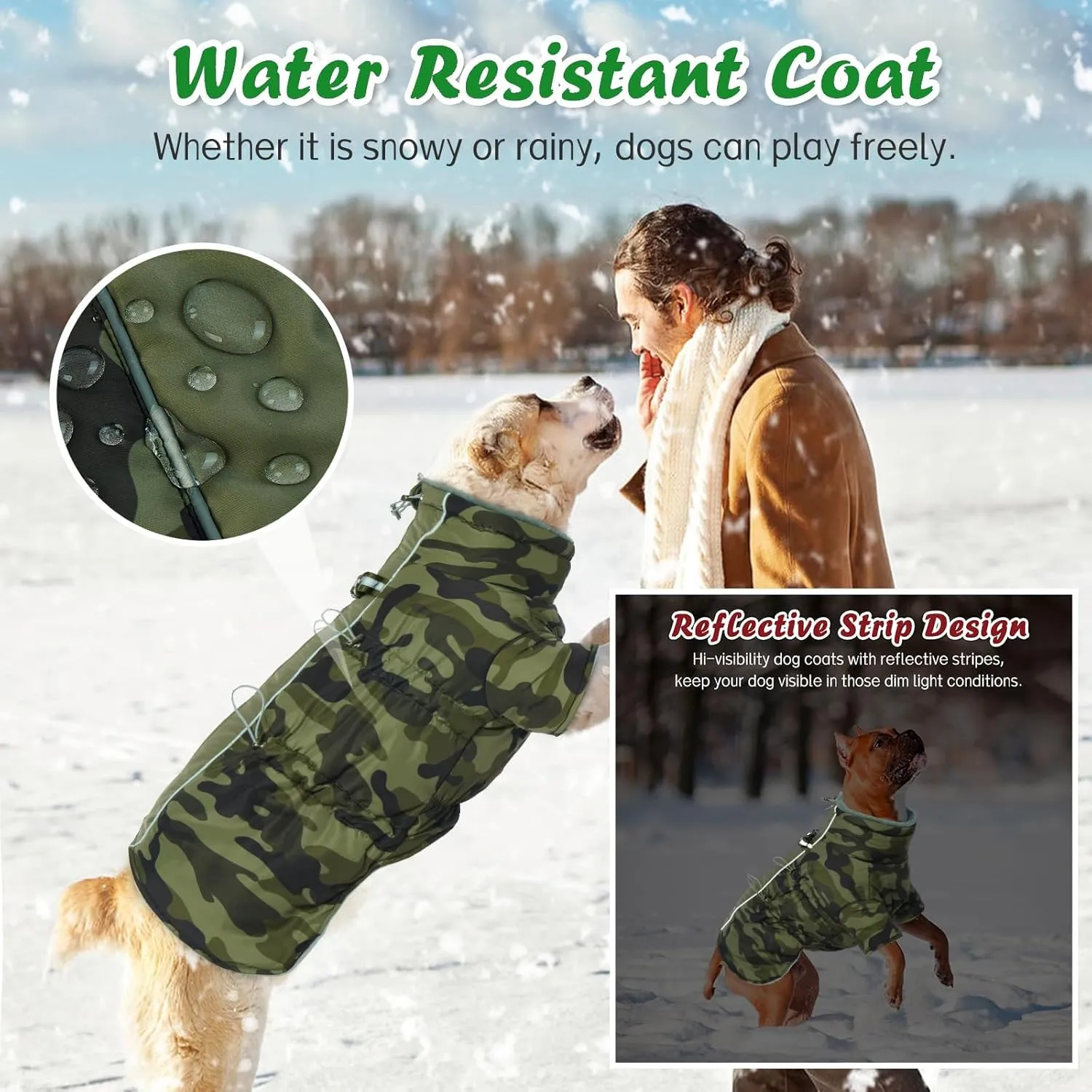 Dog Jacket, Dog Coats for Medium Dogs Winter Waterproof, Fleece Lining Reflective Warm Dog Clothes, Zip Up Dog Coat with Harness, High Collar Dog Snowsuit Christmas Clothes(ArmyGreen M)