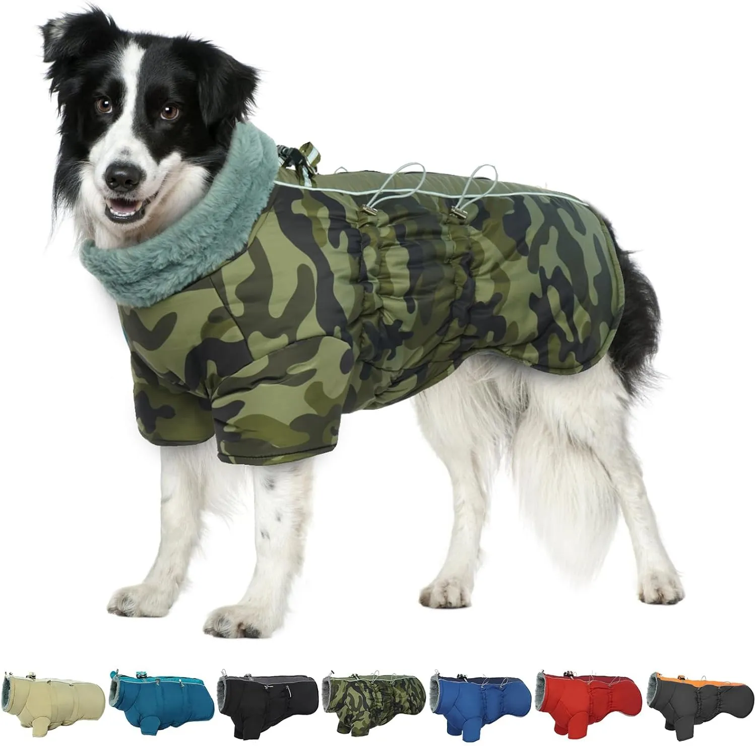 Dog Jacket, Dog Coats for Medium Dogs Winter Waterproof, Fleece Lining Reflective Warm Dog Clothes, Zip Up Dog Coat with Harness, High Collar Dog Snowsuit Christmas Clothes(ArmyGreen M)