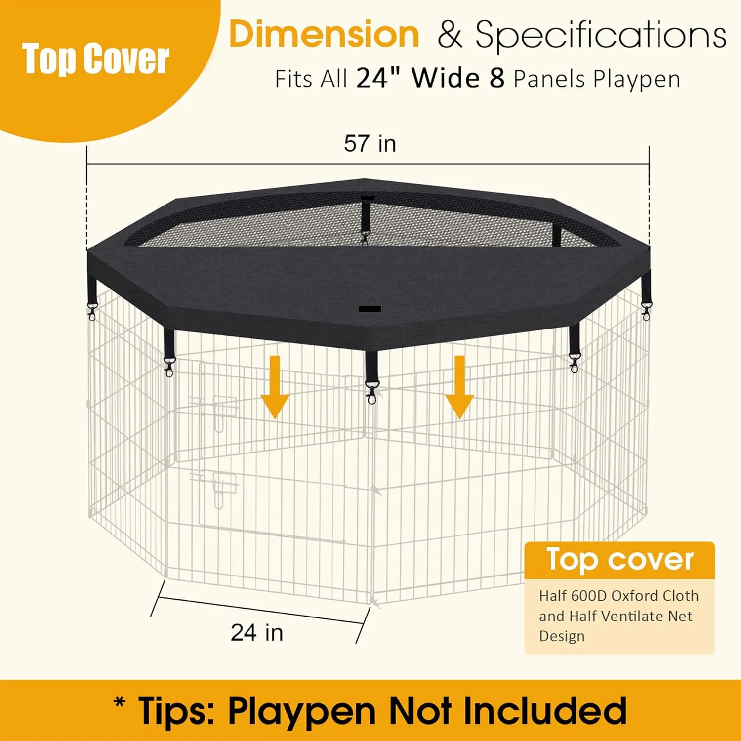 Dog Pet Playpen 8 Panel 24 Inch Top Cover for Small Medium Pets Indoor Outdoor (Only Cover,Playpen Not Included)(Black Top Cover)