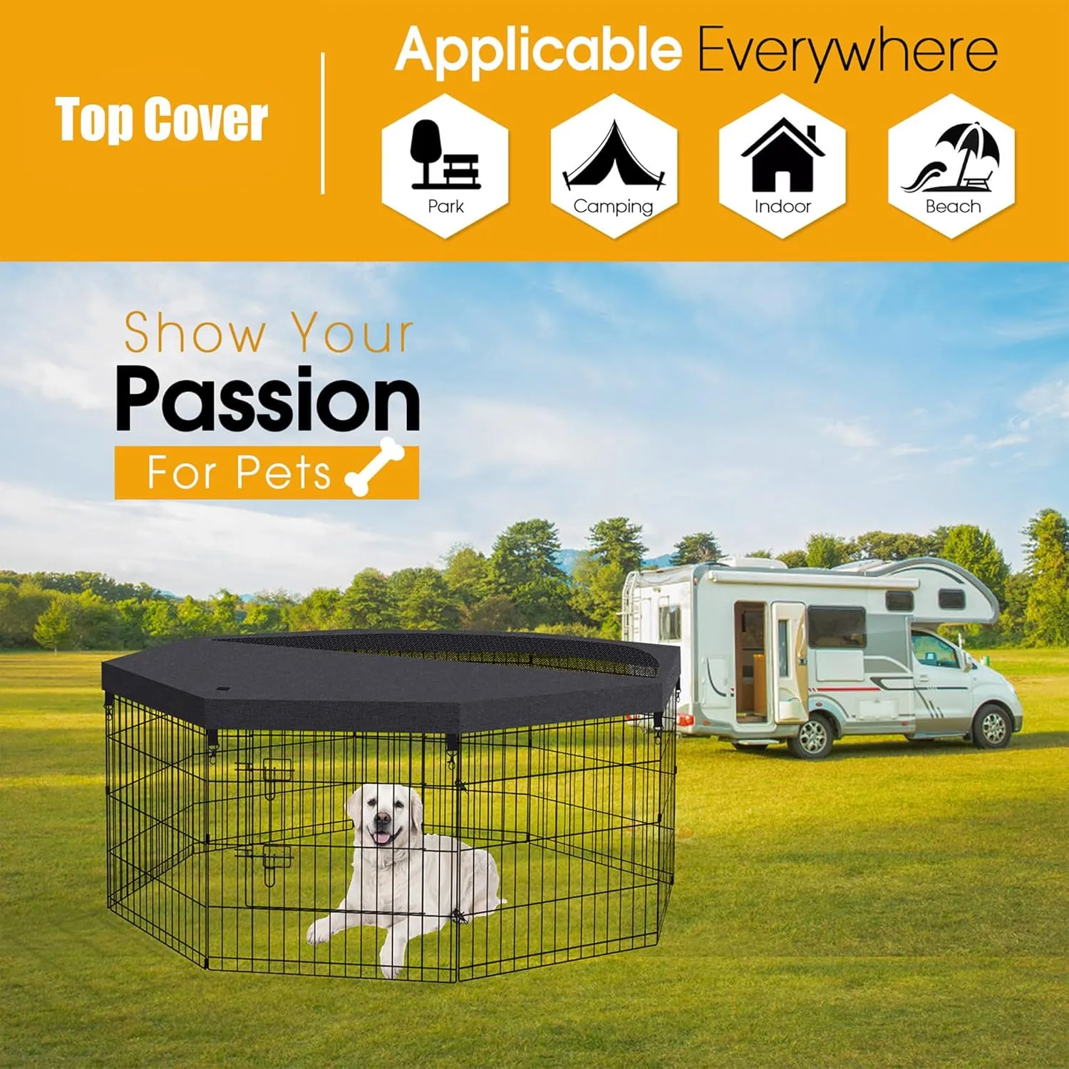 Dog Pet Playpen 8 Panel 24 Inch Top Cover for Small Medium Pets Indoor Outdoor (Only Cover,Playpen Not Included)(Black Top Cover)