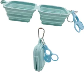 Double Foldable Silicone Pet Bowls Portable No Plastic Rim 2- in-1 Collapsible Dog Food and Water Feeding Bowls with Water Bottle Buckle for Walking, Hiking, Traveling, Camping - 2 Pack (Blue)