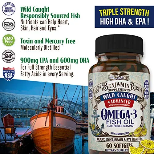 Dr. Benjamin Rush Wild Caught Fish Oil Omega 3 Supplement, Maximum Strength 2500mg with Lemon, Burpless Pills for Heart, Joint, Brain & Eye Health, 1 Mo Supply