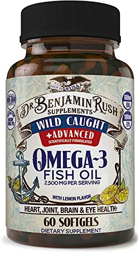 Dr. Benjamin Rush Wild Caught Fish Oil Omega 3 Supplement, Maximum Strength 2500mg with Lemon, Burpless Pills for Heart, Joint, Brain & Eye Health, 1 Mo Supply