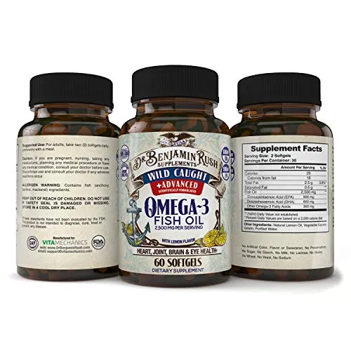 Dr. Benjamin Rush Wild Caught Fish Oil Omega 3 Supplement, Maximum Strength 2500mg with Lemon, Burpless Pills for Heart, Joint, Brain & Eye Health, 1 Mo Supply