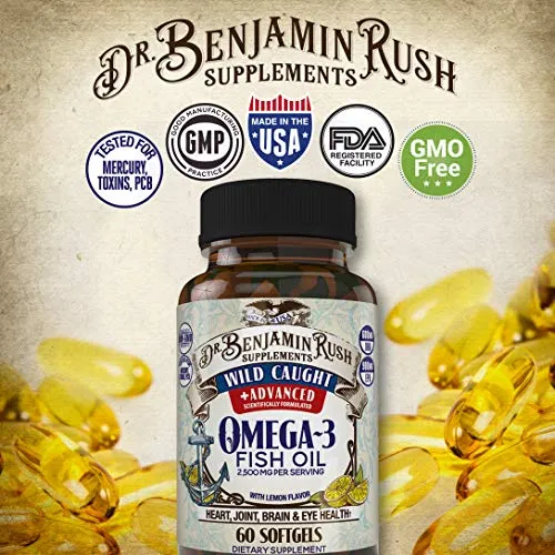 Dr. Benjamin Rush Wild Caught Fish Oil Omega 3 Supplement, Maximum Strength 2500mg with Lemon, Burpless Pills for Heart, Joint, Brain & Eye Health, 1 Mo Supply