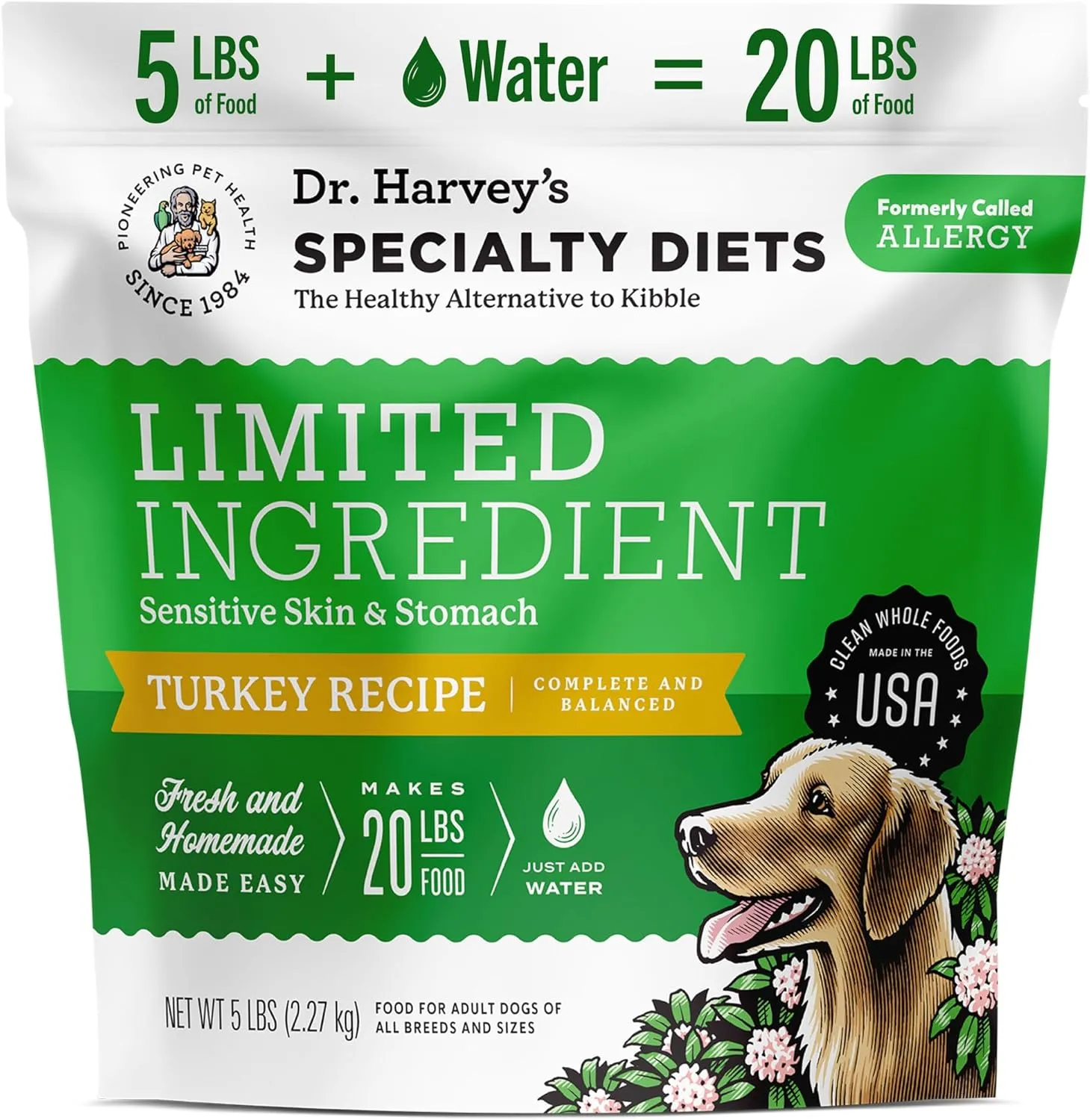 Dr. Harvey's Specialty Diet Limited Ingredient - Human Grade Dog Food for Dogs with Sensitivities - Turkey Recipe (5 Pounds)