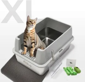 Enclosed Stainless Steel Litter Box | Extra Large for Big Cats | Includes: Litter Catching Mat, Large Metal Scooper, and Poop Baggies | Non-Stick Bottom | Anti Leakage Pan