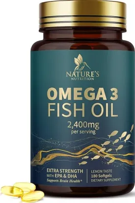 Fish Oil 2400 mg with Omega 3 EPA & DHA - Triple Strength Omega 3 Supplement - Omega 3 Fish Oil Supports Heart Health, Nature's Brain & Immune Support - Non-GMO Fish Oil Supplements - 180 Softgels in Pakistan
