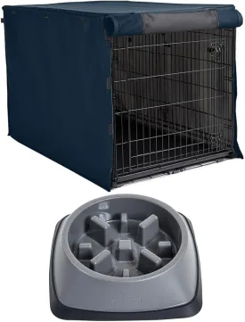 Gorilla Grip Dog Crate Cover, Navy Blue 42 Inch and Slow Feeder Bowl, 2 Cup Gray, 2 Item Bundle