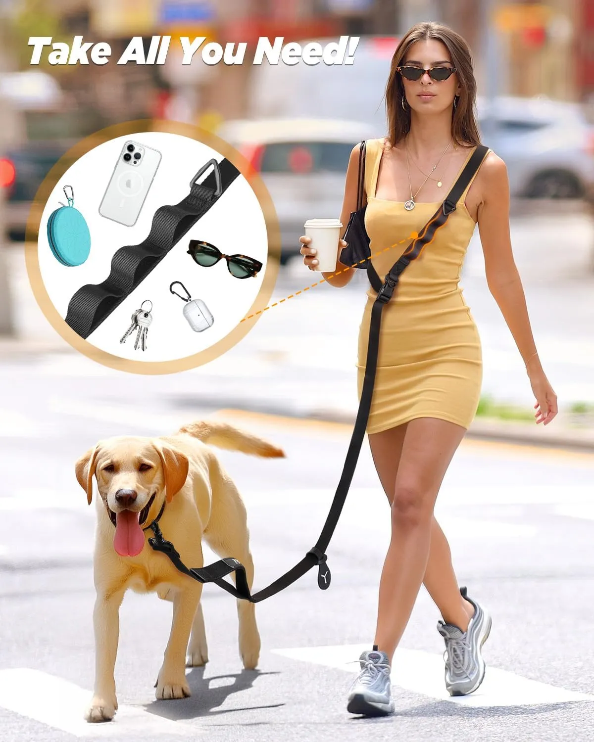 Hands Free Dog Leash,8.2ft Crossbody Dog Leash with Hanging Strap/Hanging Buckle/Poop Bag Holder/Explosion-Proof Handle,Adjustable Crossbody Rope for Dogs Walking,Jogging and Running,18-110lbs,Black
