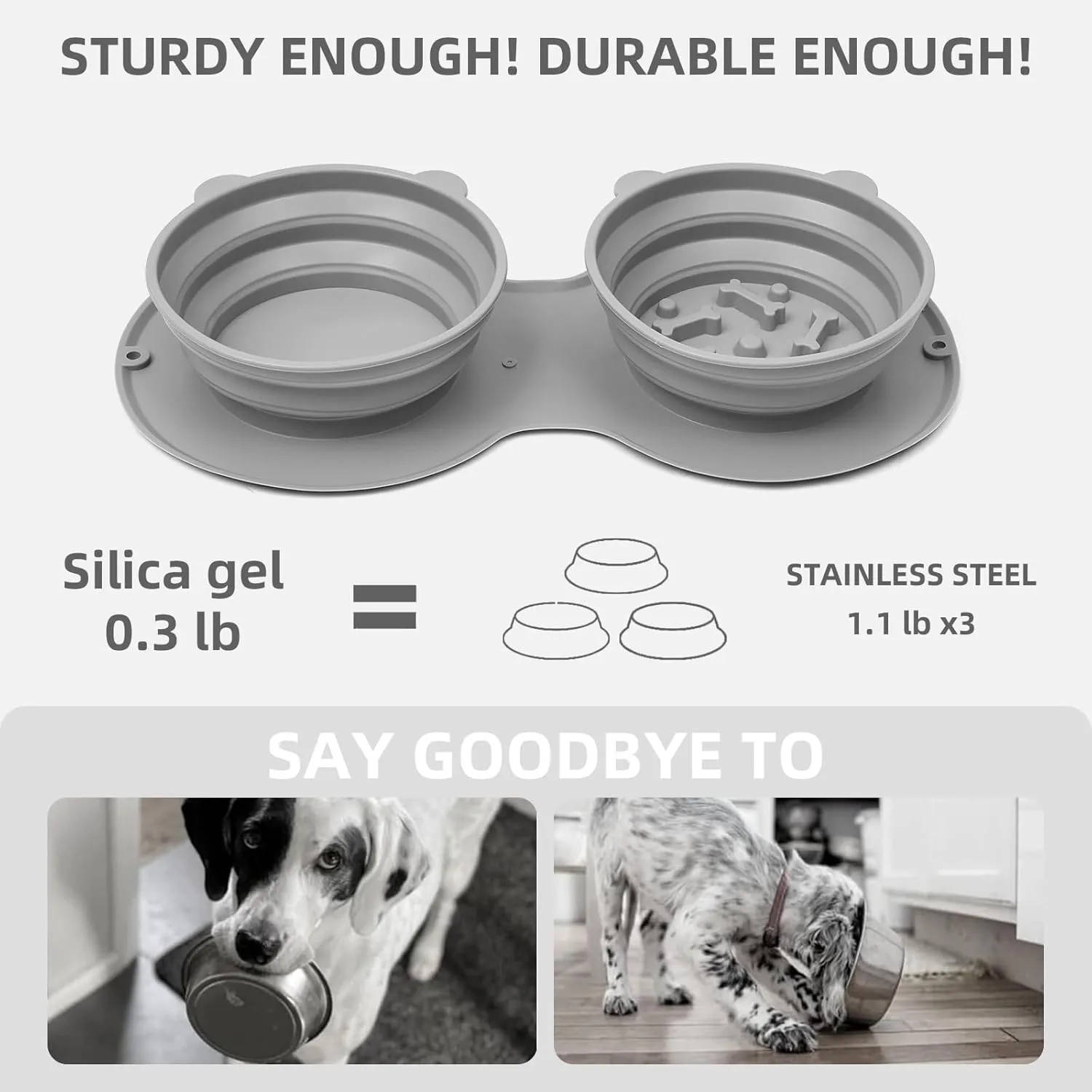 HappyTails - Silicone Foldable 2 in 1 Pet Bowl, Collapsible Double Feeder Dish, Integrated Molding Expandale Food&Water Bowl for Dogs&Cats Traveling, Hiking, Camping, Grey