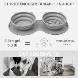 HappyTails - Silicone Foldable 2 in 1 Pet Bowl, Collapsible Double Feeder Dish, Integrated Molding Expandale Food&Water Bowl for Dogs&Cats Traveling, Hiking, Camping, Grey