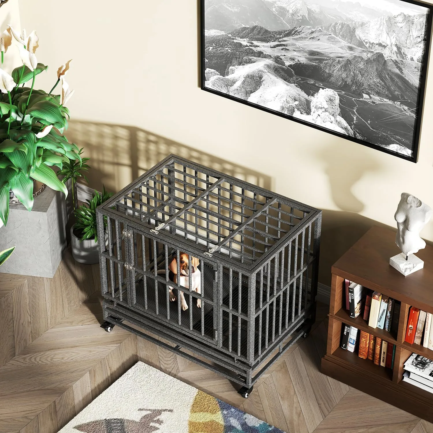 Heavy Duty Extra Large Dog Crate with Wheels - Indestructible 38/42/46 Inch Chew-Proof, Escape-Proof Kennel for High-Anxiety and Extra Large Dogs