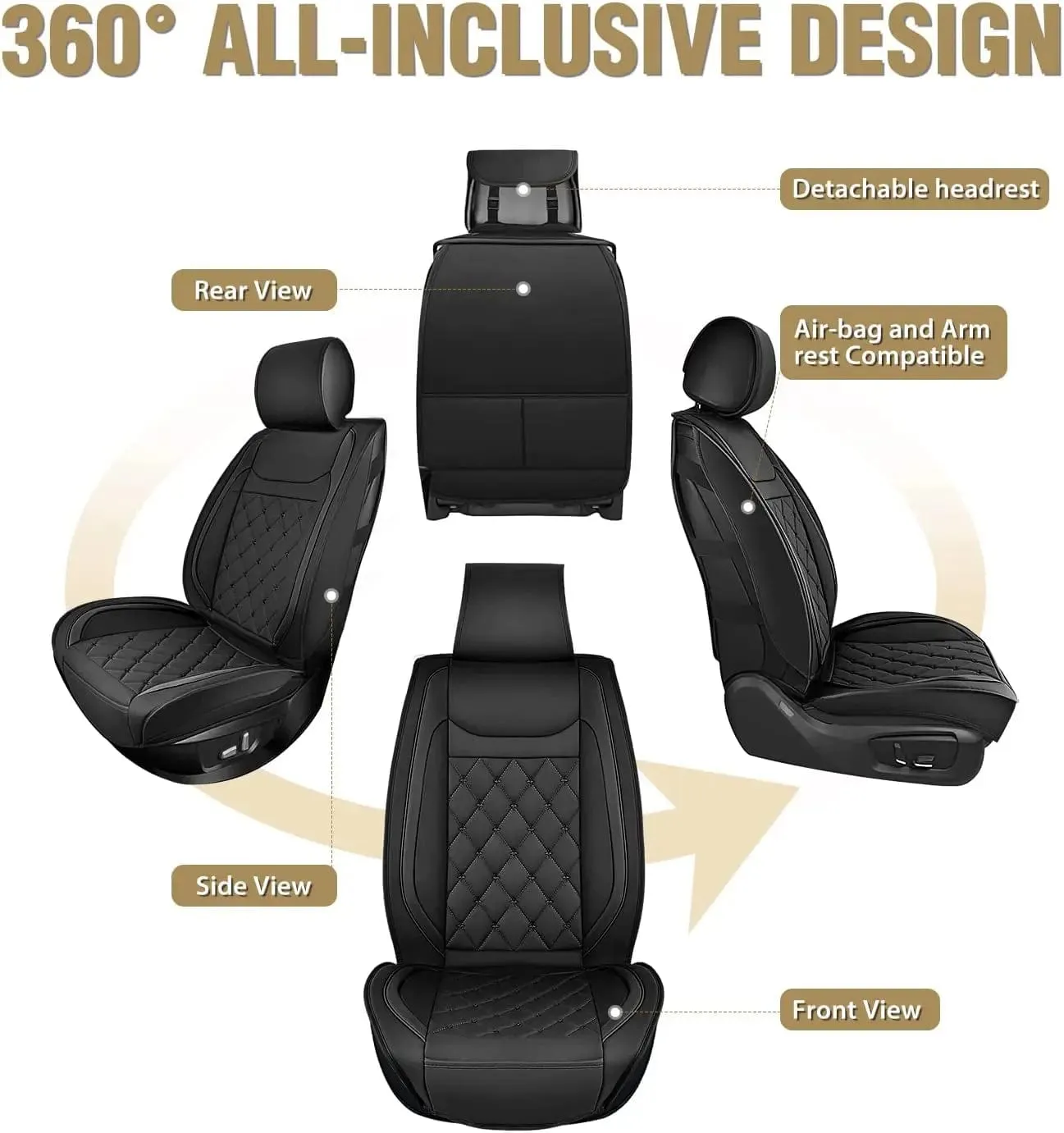 Hyundai Honda Accord Kia Civic Corolla Camry CRV RAV4 Fusion 5 Seat Covers (Full Set, Black)