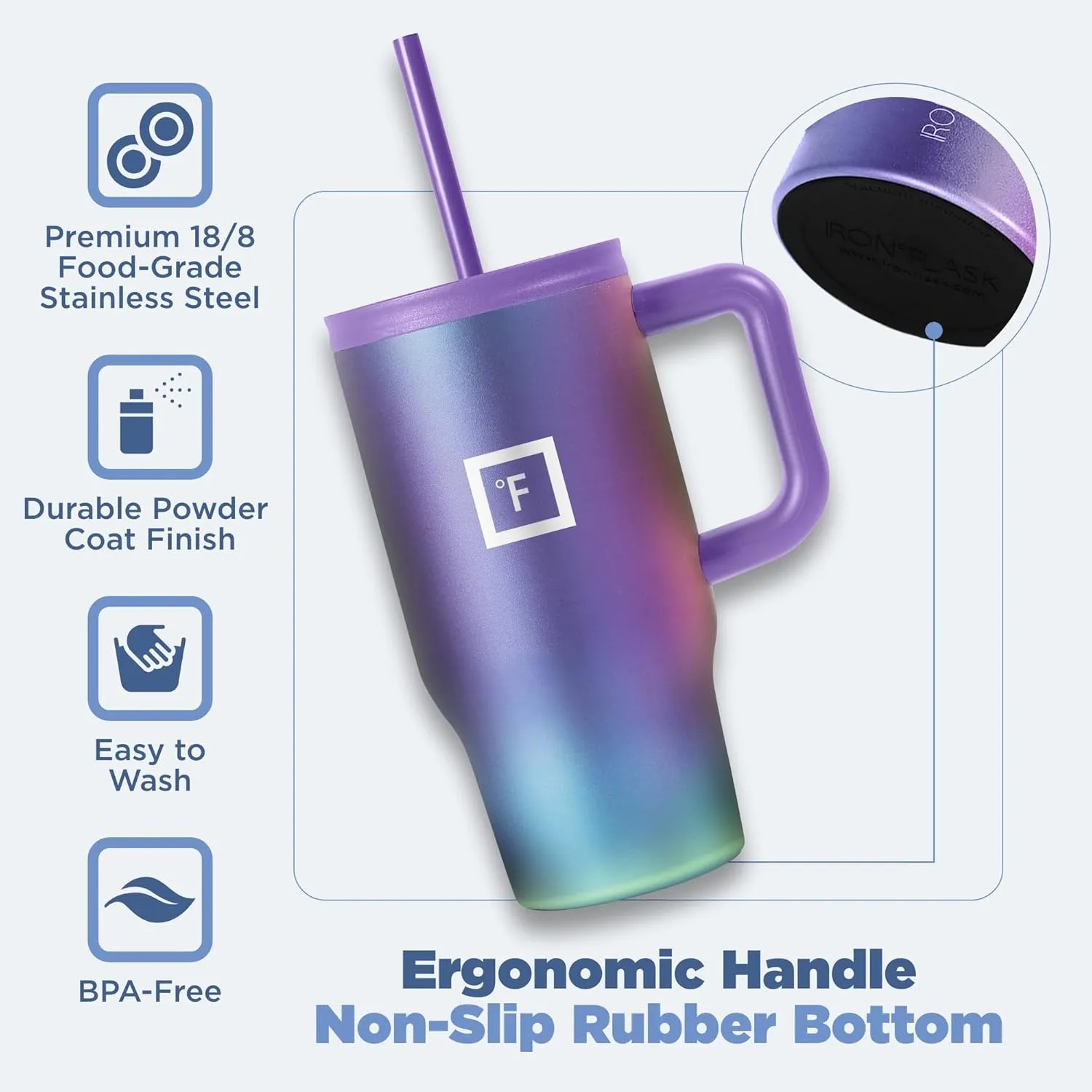 IRON FLASK Co-Pilot Insulated Mug w/Straw & Flip Cap Lids - Cup Holder Bottle for Hot, Cold Drink - Leak-Proof - Water, Coffee Portable Travel Mug - Elemental Gray, 16 Oz