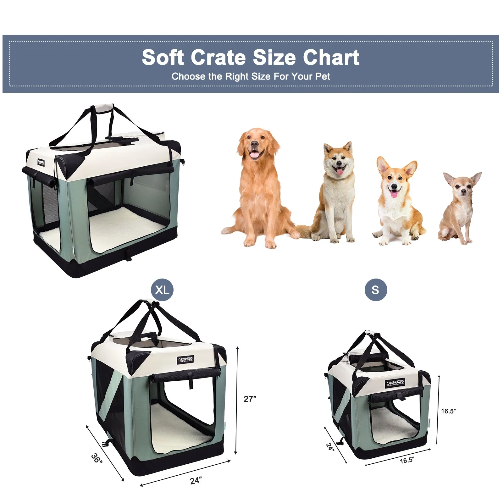 Jespet & GOOPAWS Indoor & Outdoor 3-Door Collapsible Soft-Sided Dog, Cat & Small Pet Crate, Shale Green, 36''