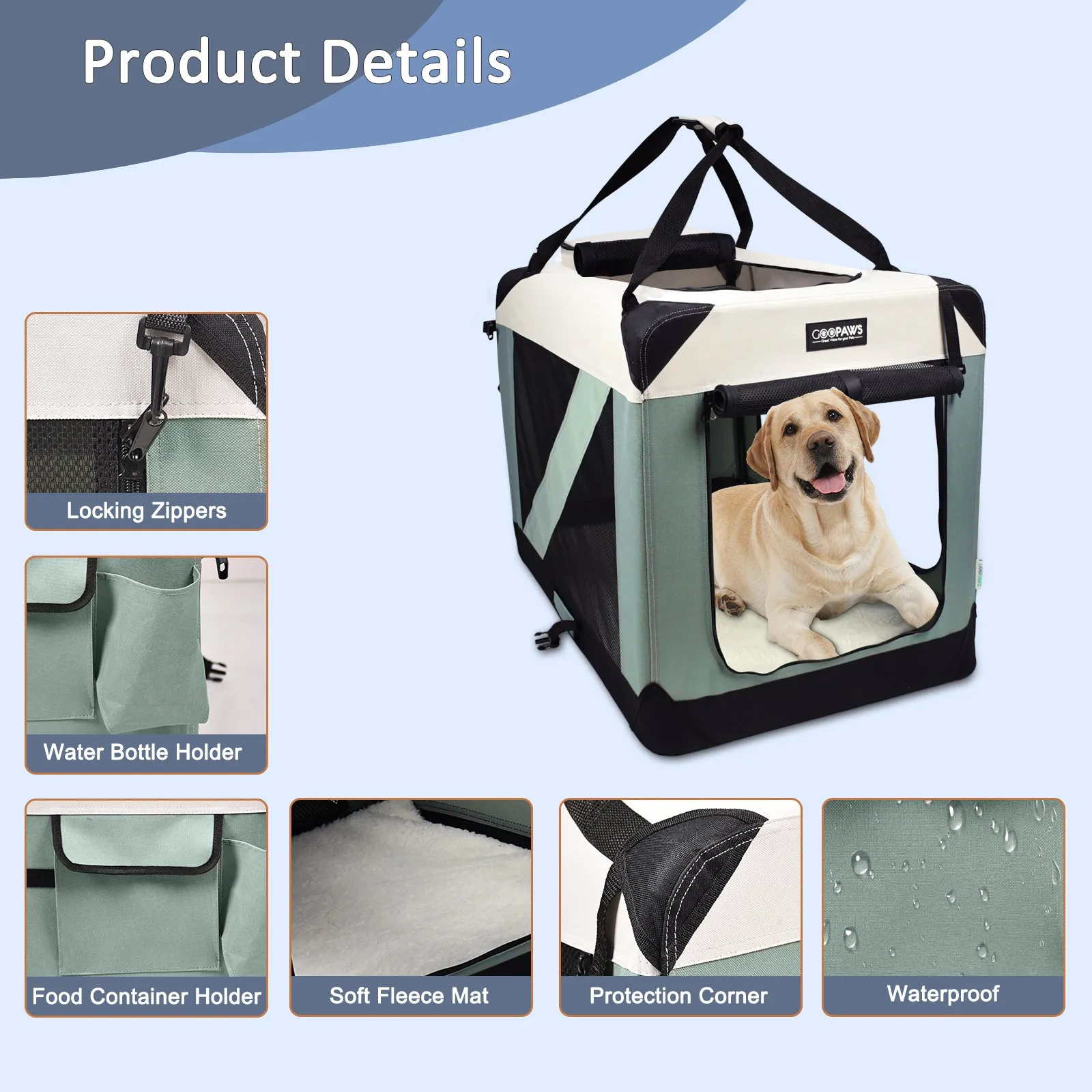 Jespet & GOOPAWS Indoor & Outdoor 3-Door Collapsible Soft-Sided Dog, Cat & Small Pet Crate, Shale Green, 36''