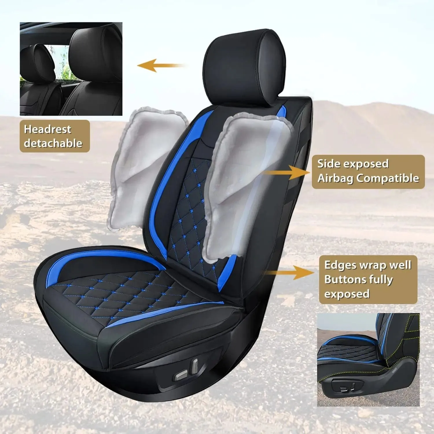 Kia Civic Corolla Hyundai Honda Camry CRV RAV4 Fusion 5 Seat Covers (Full Set, Black-Blue)