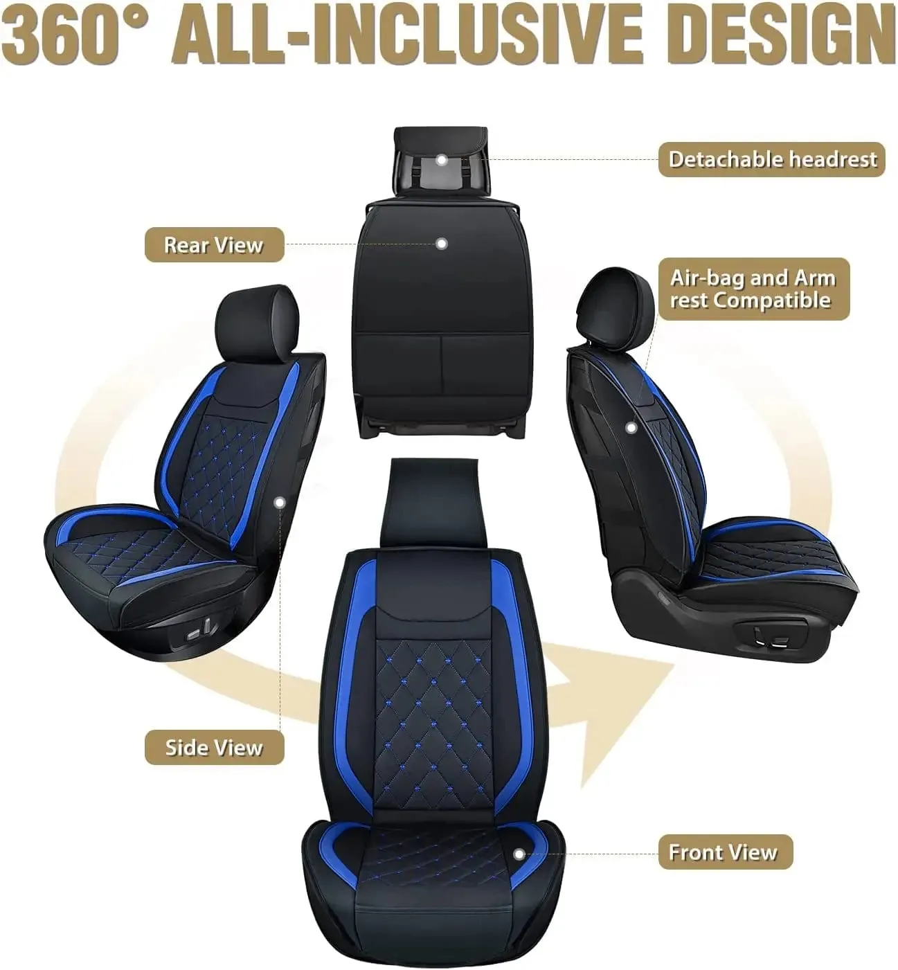 Kia Civic Corolla Hyundai Honda Camry CRV RAV4 Fusion 5 Seat Covers (Full Set, Black-Blue)