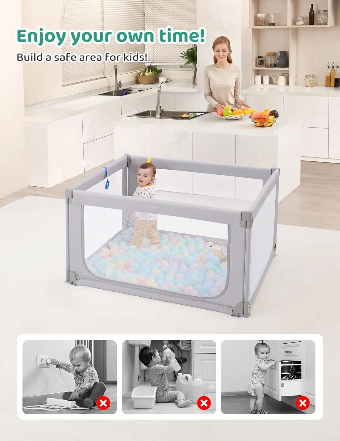Kidirect Foldable Baby Playpen, 47"49" Playpen for Babies and Toddlers, Baby Play Pen with Safety Gate, Corrales para Bebes, Adjustable Portable Play Yards for Babies Indoor Outdoor, Grey