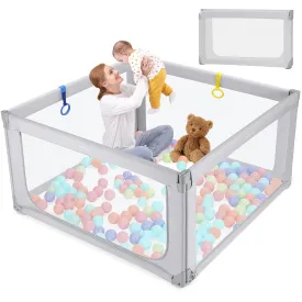 Kidirect Foldable Baby Playpen, 47"49" Playpen for Babies and Toddlers, Baby Play Pen with Safety Gate, Corrales para Bebes, Adjustable Portable Play Yards for Babies Indoor Outdoor, Grey