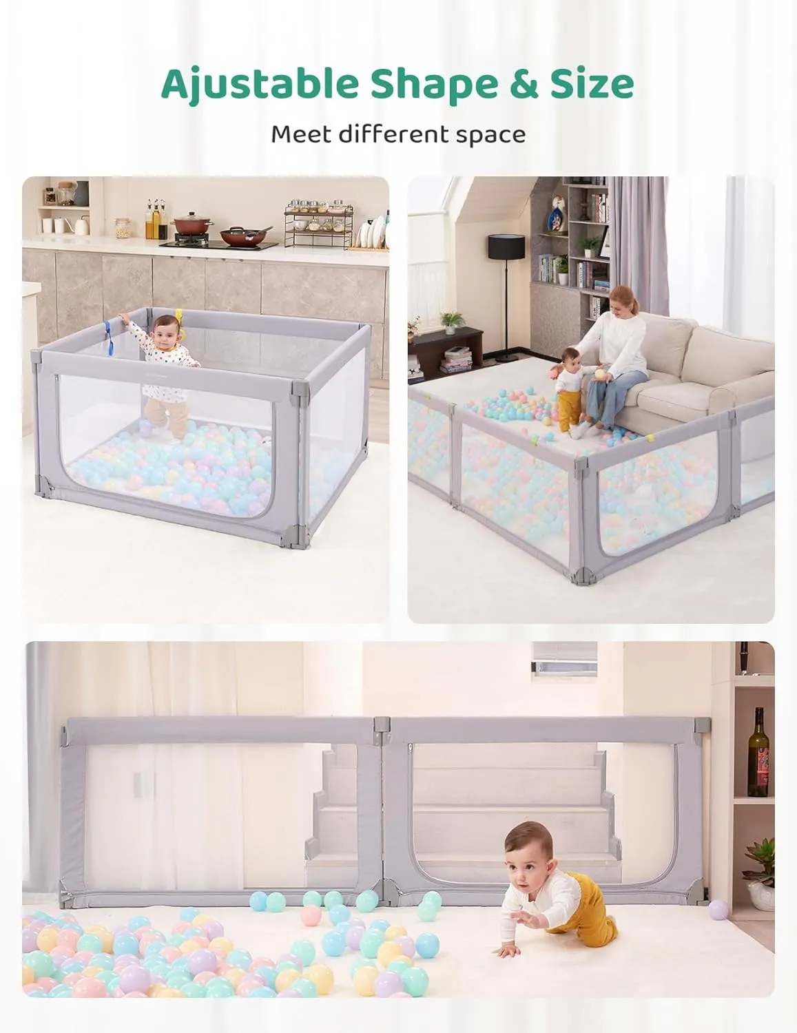 Kidirect Foldable Baby Playpen, 47"49" Playpen for Babies and Toddlers, Baby Play Pen with Safety Gate, Corrales para Bebes, Adjustable Portable Play Yards for Babies Indoor Outdoor, Grey