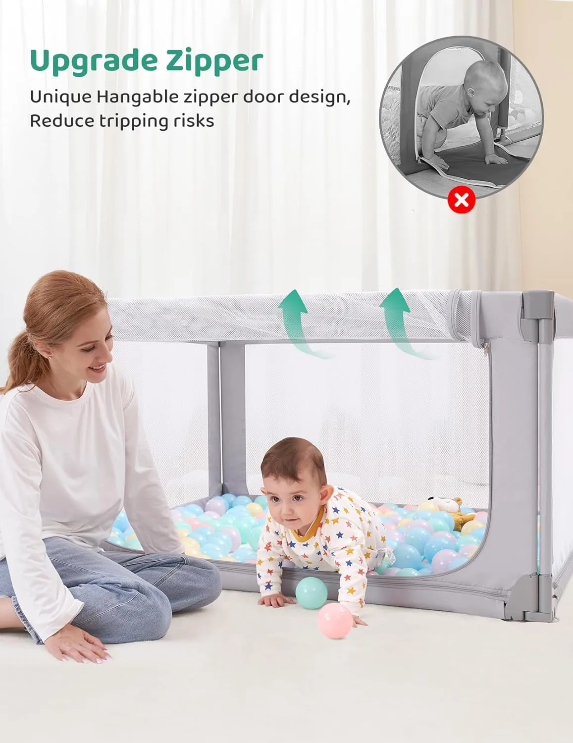 Kidirect Foldable Baby Playpen, 47"49" Playpen for Babies and Toddlers, Baby Play Pen with Safety Gate, Corrales para Bebes, Adjustable Portable Play Yards for Babies Indoor Outdoor, Grey