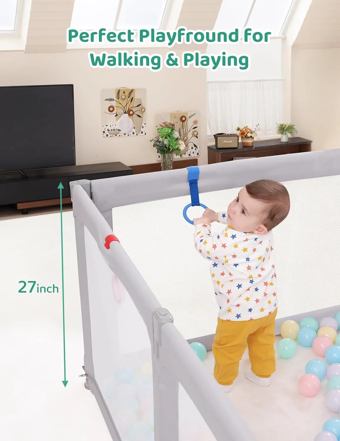 Kidirect Foldable Baby Playpen, 47"49" Playpen for Babies and Toddlers, Baby Play Pen with Safety Gate, Corrales para Bebes, Adjustable Portable Play Yards for Babies Indoor Outdoor, Grey