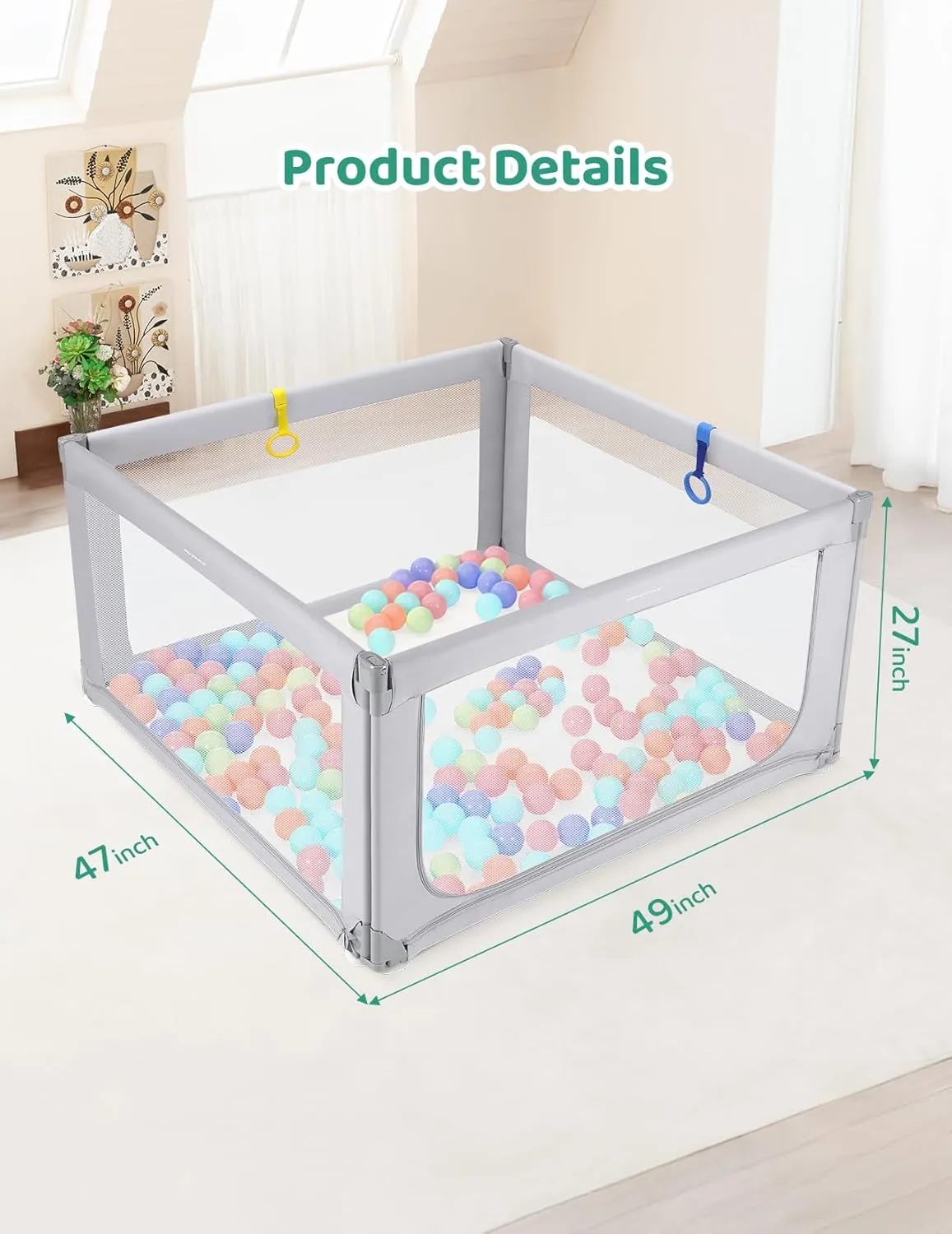 Kidirect Foldable Baby Playpen, 47"49" Playpen for Babies and Toddlers, Baby Play Pen with Safety Gate, Corrales para Bebes, Adjustable Portable Play Yards for Babies Indoor Outdoor, Grey