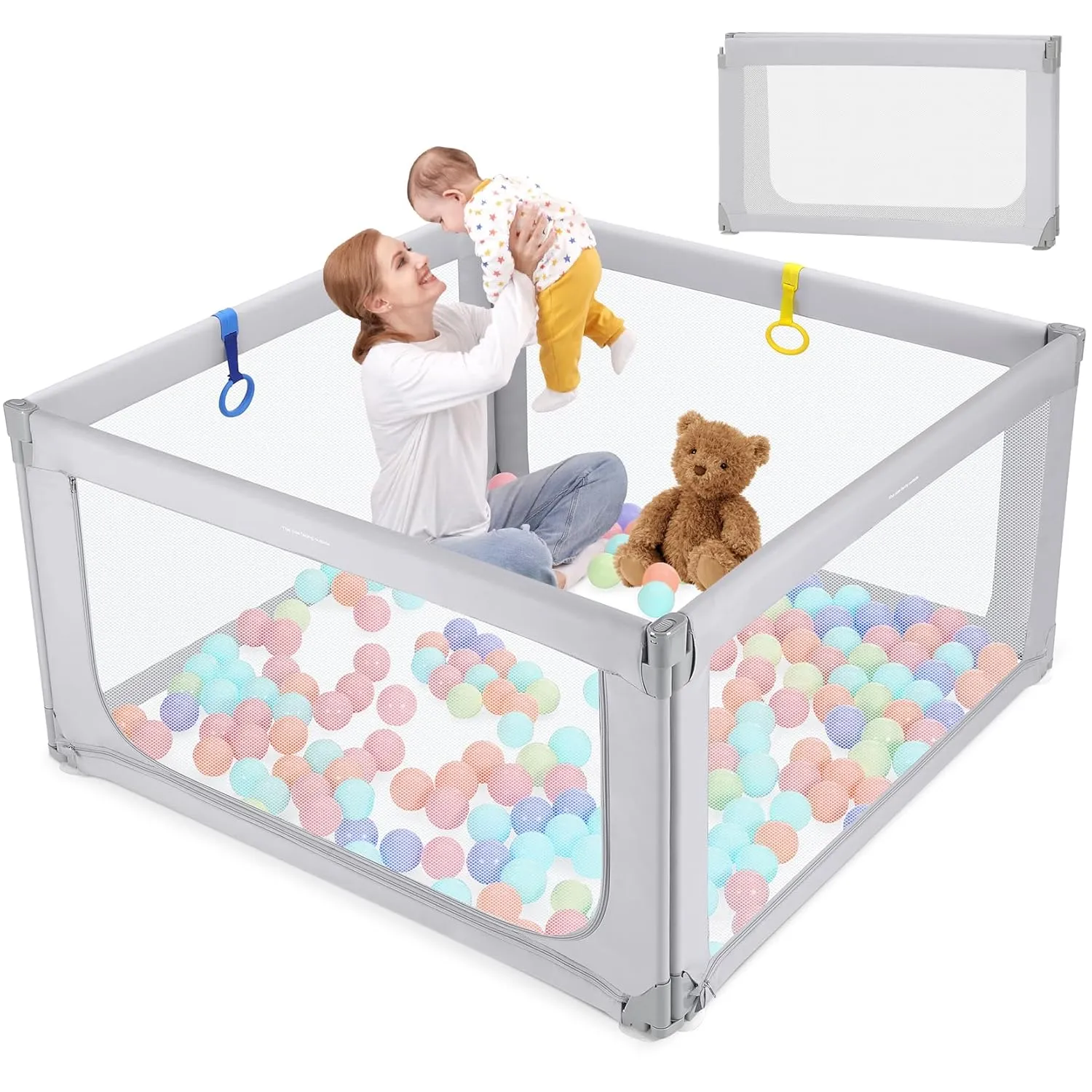 Kidirect Foldable Baby Playpen, 47"49" Playpen for Babies and Toddlers, Baby Play Pen with Safety Gate, Corrales para Bebes, Adjustable Portable Play Yards for Babies Indoor Outdoor, Grey