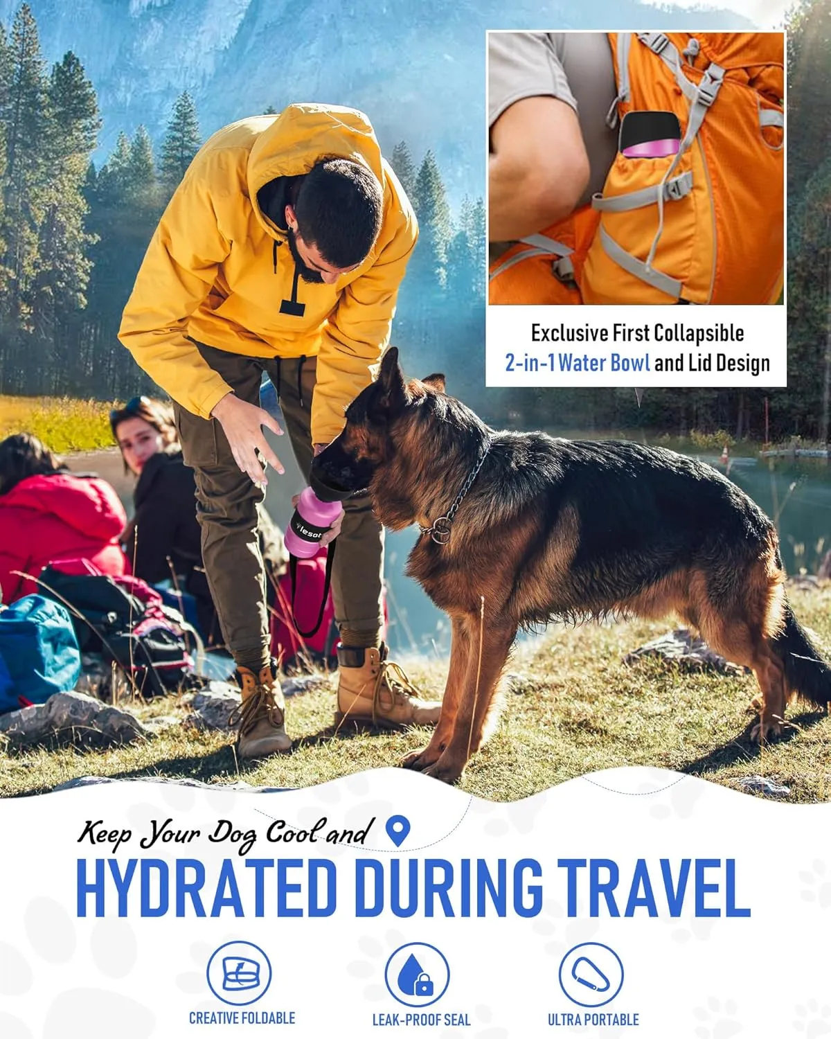 Lesotc Dog Water Bottle, Portable Water Dispenser with Bowl, Leak Proof Pet Travel Water Bottle Puppy Essentials Doggie Stuff Accessories for Outdoor Walking, Hiking, Camping