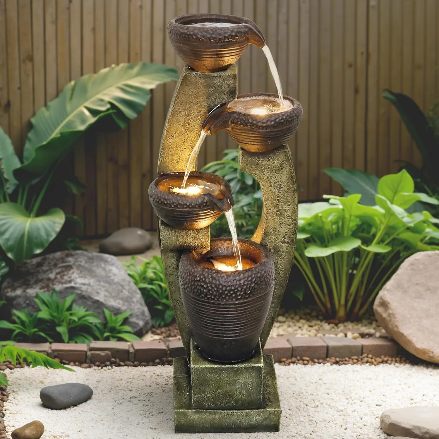 Naturefalls 40 H Modern Outdoor Fountain - 4 Crocks Outdoor Garden Fountains with Contemporary Design&LED Light for Garden, Patio, Deck, Porch, Backyard and Home Art Decor (40in, Light Gray)