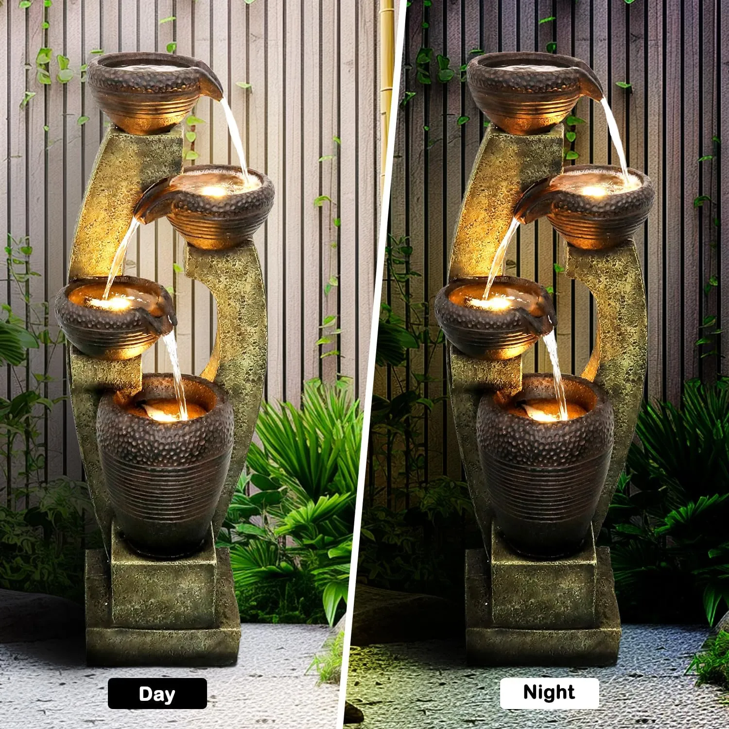 Naturefalls 40 H Modern Outdoor Fountain - 4 Crocks Outdoor Garden Fountains with Contemporary Design&LED Light for Garden, Patio, Deck, Porch, Backyard and Home Art Decor (40in, Light Gray)