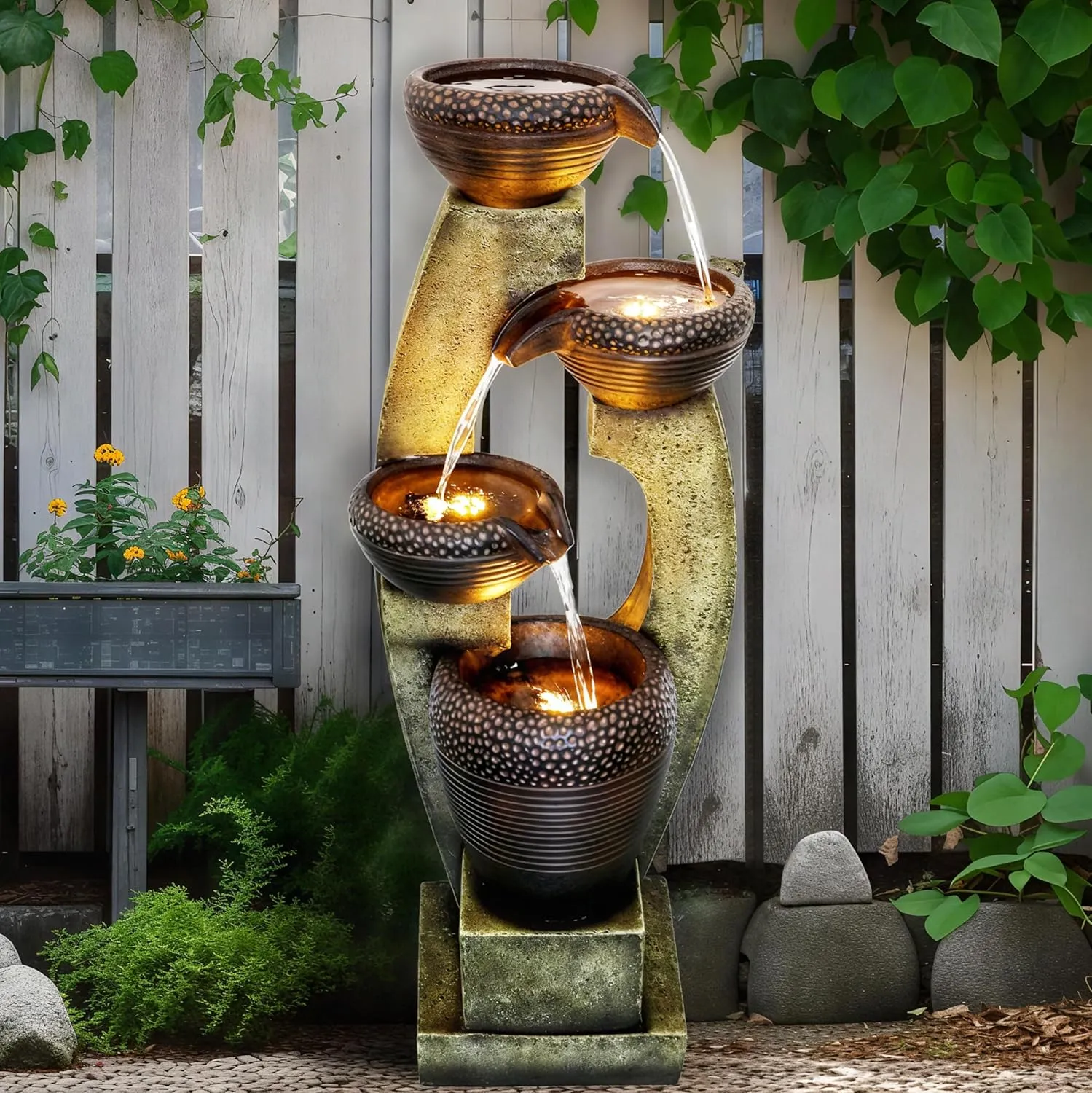 Naturefalls 40 H Modern Outdoor Fountain - 4 Crocks Outdoor Garden Fountains with Contemporary Design&LED Light for Garden, Patio, Deck, Porch, Backyard and Home Art Decor (40in, Light Gray)