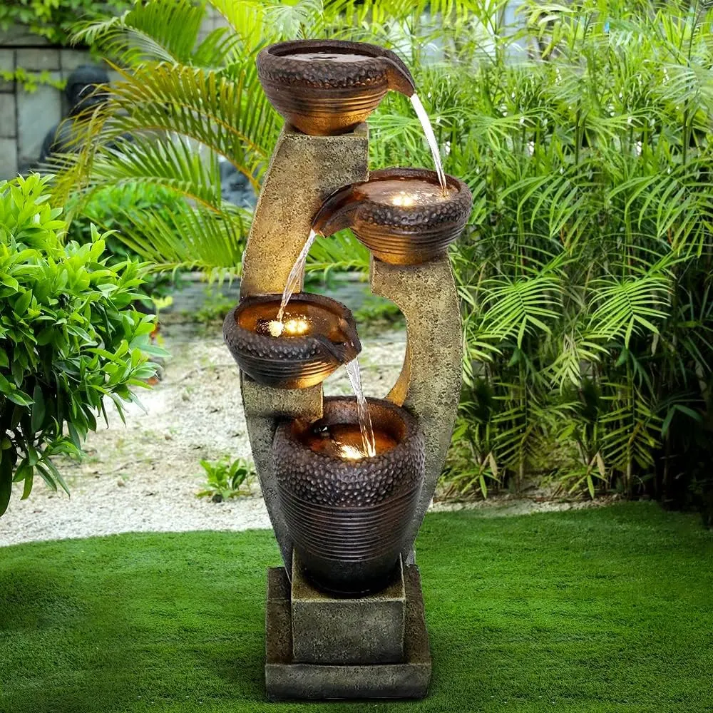 Naturefalls 40 H Modern Outdoor Fountain - 4 Crocks Outdoor Garden Fountains with Contemporary Design&LED Light for Garden, Patio, Deck, Porch, Backyard and Home Art Decor (40in, Light Gray)