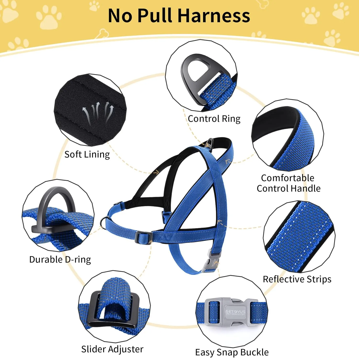 No Pull Dog Harness, Reflective Puppy Harness with Soft Padded Handle, Escape Proof/Quick Fit Adjustable Pet Harness for Small Medium Large Dogs, Easy for Training Walking (Blue, L)