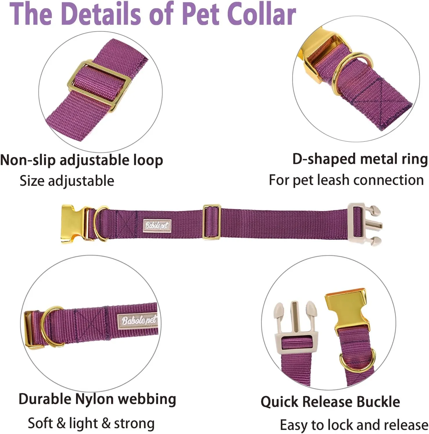 Nylon Dog Collar - Adjustable Deep Purple Soft Webbing Dog Collars for Small Medium Large Dogs Boy Girl Puppy Collar with Safety Metal Buckle XS