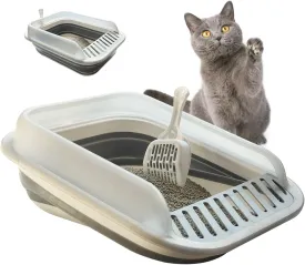 Open Cat Litter Box with High Side, Anti-Splashing Kitty Litter Pan Collapsible Travel Litter Potty Pan Scoop Leak-Proof Pedal Cat Toilet No Smell Easy Clean (Gray)