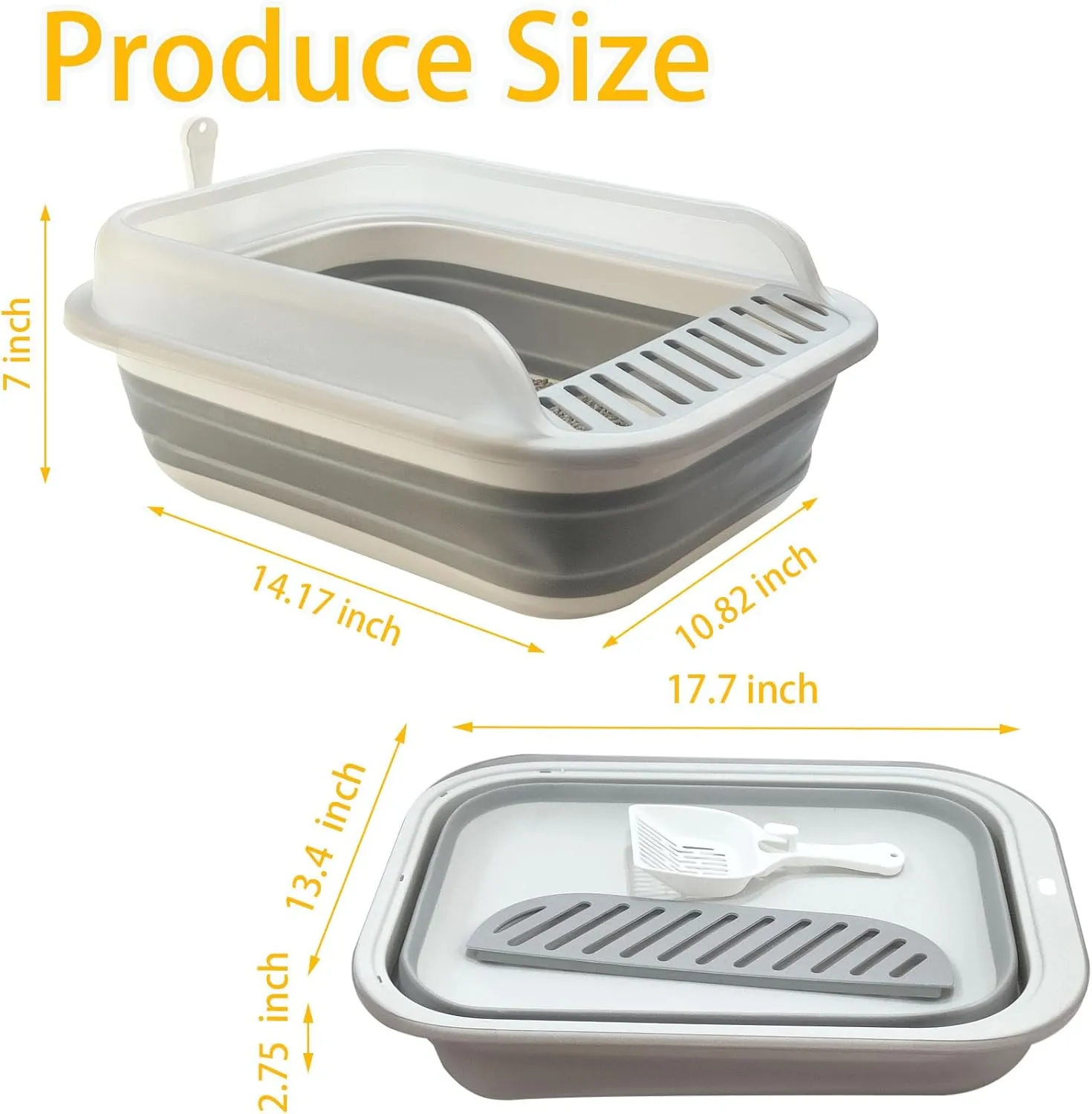 Open Cat Litter Box with High Side, Anti-Splashing Kitty Litter Pan Collapsible Travel Litter Potty Pan Scoop Leak-Proof Pedal Cat Toilet No Smell Easy Clean (Gray)