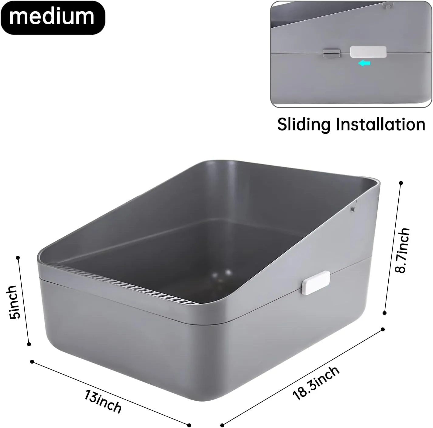 Open Litter Box, Secure and Odor Control, Durable High Side Sifting Litter Box for Small Cats, Removable, Easy to Clean and Assemble (Gray M)