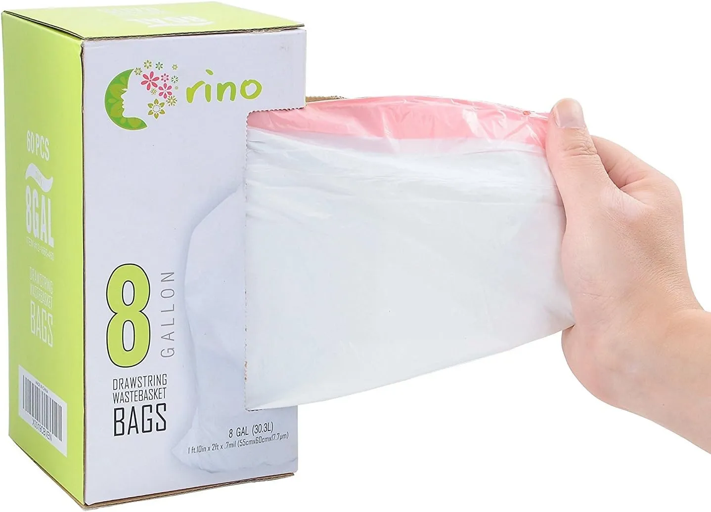 Orino Ultra Strong Garbage Bags 8 Gallon Trash Can Liners for Kitchen and Office Unscented White Drawstring Trash Bags, 60 Count 0.74 mil 22" x 24"
