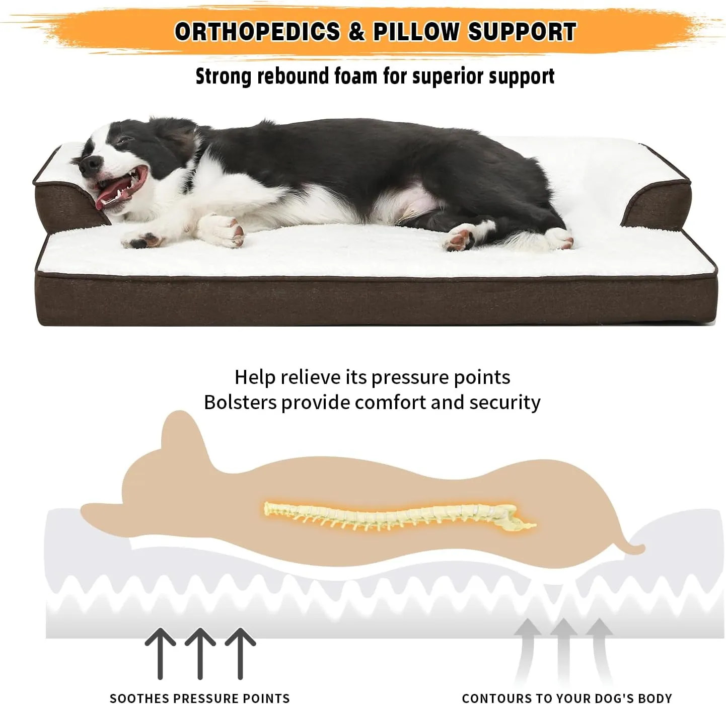 Orthopedic Dog Beds Large Sized Dog, Waterproof Memory Foam Dog Bolster Couch Beds, Washable Plush Faux Fur Dog Sofa Bed with Removable Cover & Anti-Slip Bottom, Darkbrown