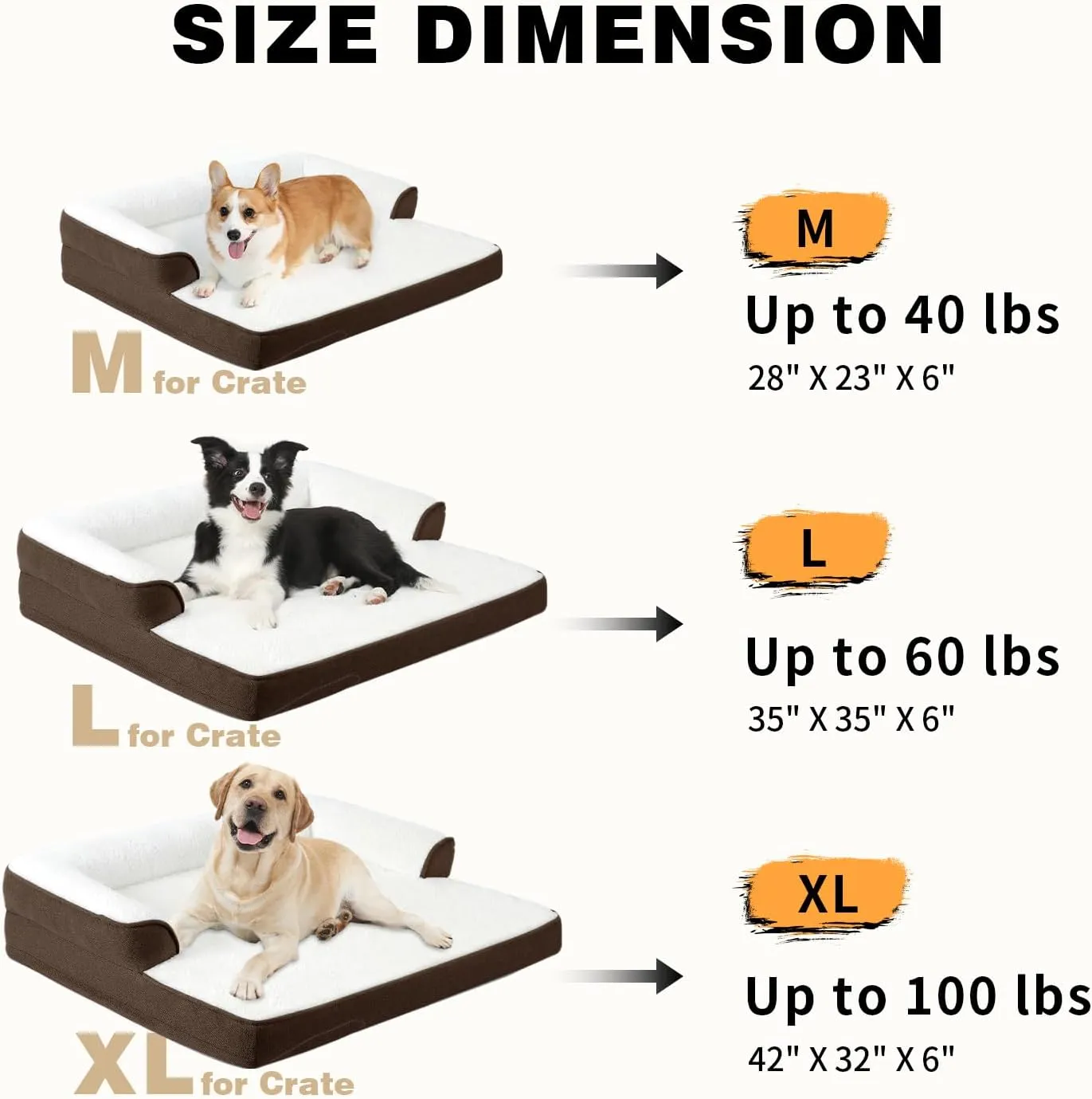 Orthopedic Dog Beds Large Sized Dog, Waterproof Memory Foam Dog Bolster Couch Beds, Washable Plush Faux Fur Dog Sofa Bed with Removable Cover & Anti-Slip Bottom, Darkbrown