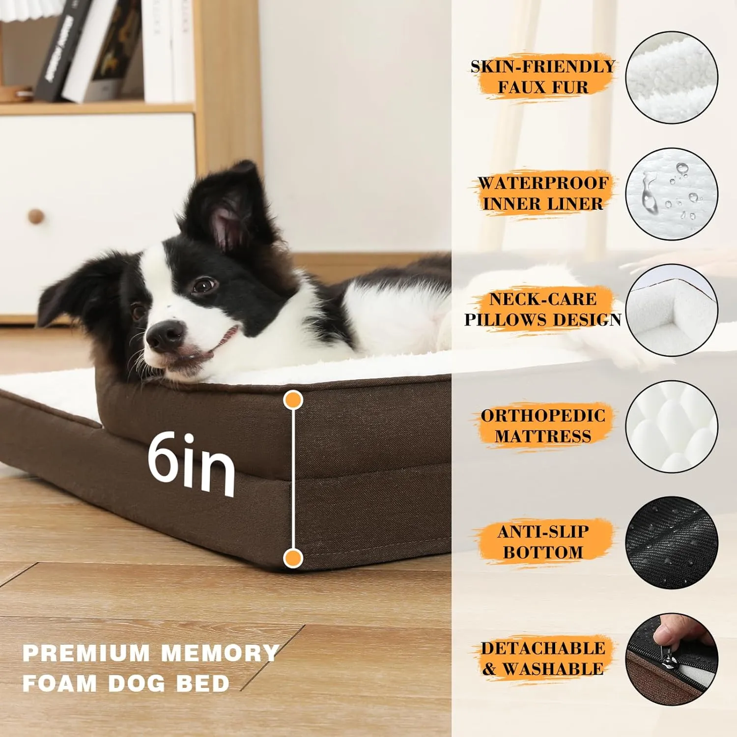 Orthopedic Dog Beds Large Sized Dog, Waterproof Memory Foam Dog Bolster Couch Beds, Washable Plush Faux Fur Dog Sofa Bed with Removable Cover & Anti-Slip Bottom, Darkbrown