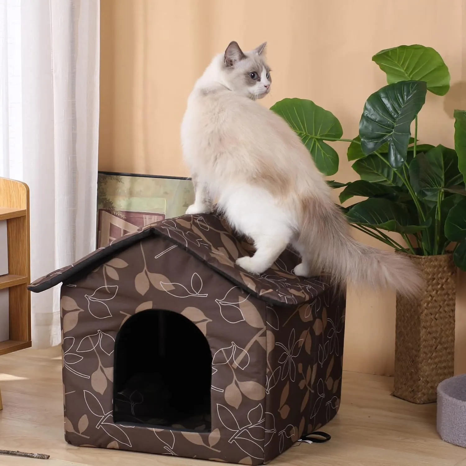 Outdoor Cat House Cat House for Outdoor and Indoor Use - Waterproof Shelter for Cats, Dogs, and Feral Animals (Large, Brown Support Rod)