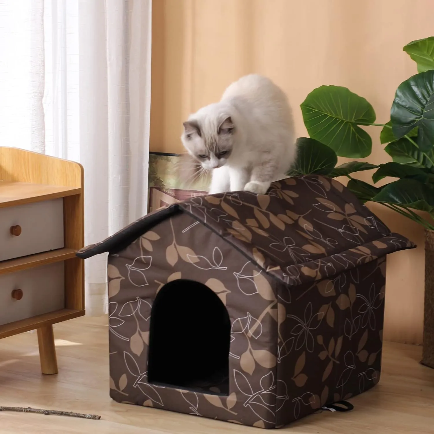 Outdoor Cat House Cat House for Outdoor and Indoor Use - Waterproof Shelter for Cats, Dogs, and Feral Animals (Large, Brown Support Rod)