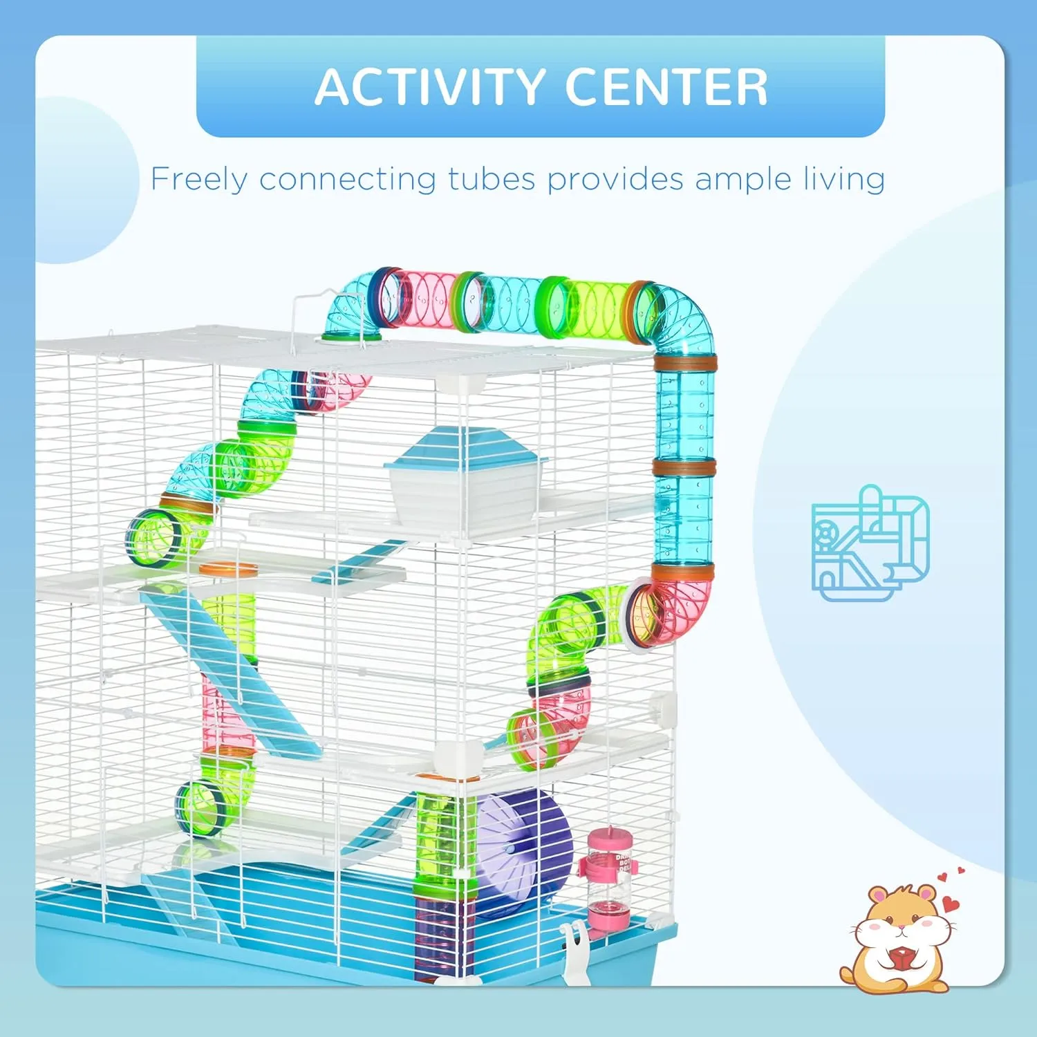 PawHut Extra Large 23" Hamster Cage with Tubes and Tunnels, Portable Carry Handles, Rat House and Habitats Big 5-Tier Design, Mouse Cage Includes Exercise Wheel, Water Bottle, Food Dish, Light Blue