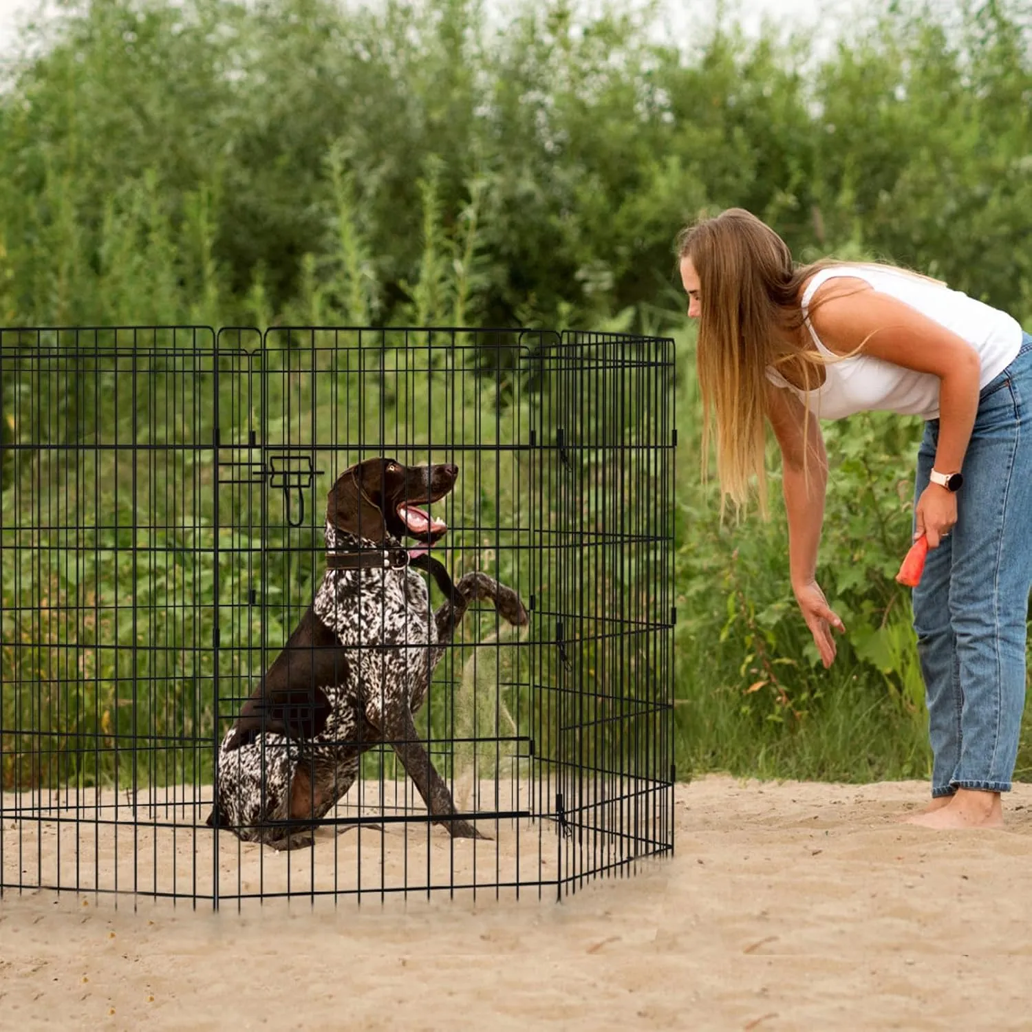 Peekaboo Dog Pen Pet Playpen Dog Fence Indoor Foldable Metal Wire Exercise Puppy Play Yard Pet Enclosure Indoor Outdoor 8 Panels 36 Inch with Bottom Pad/Top Cover(Black 36 Bottom Cover)